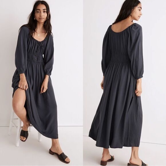 Madewell Petite Twill Sophia Midi Blue Dress Blouse Long Sleeve Size L - Picture 1 of 12